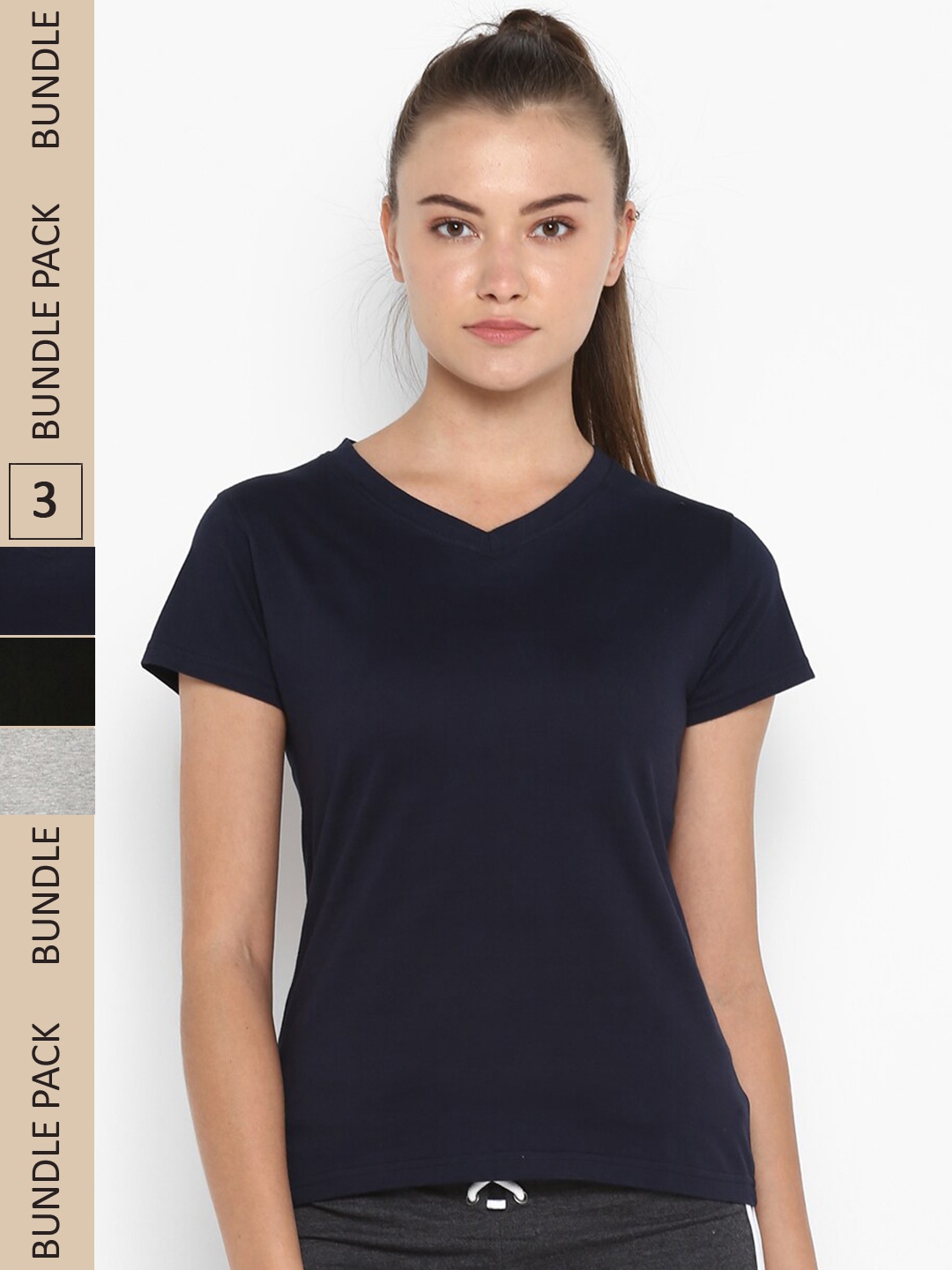 

appulse Pack Of 3 V-Neck Pure Cotton Slim Fit T-shirt, Navy blue