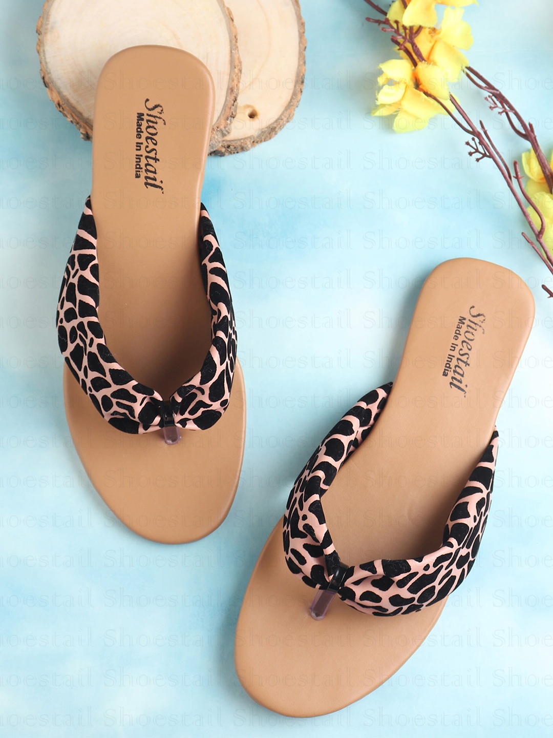 

Shoestail Printed T-Strap Flats, Peach