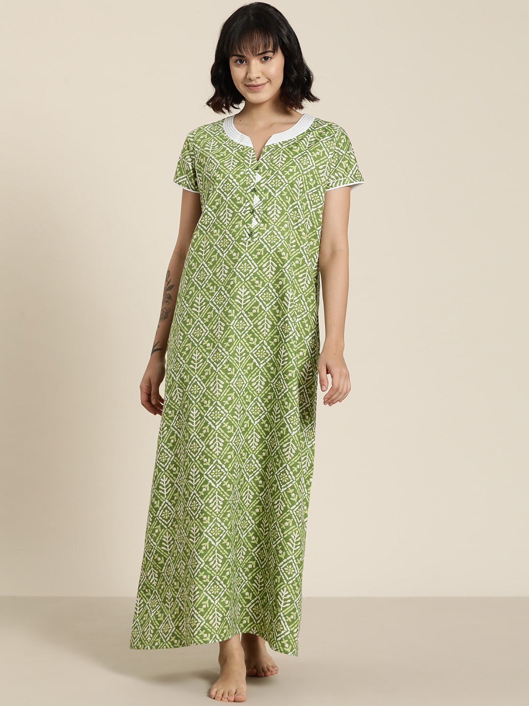 

SDL by Sweet Dreams Ethnic Motifs Printed Maxi Nightdress, Green