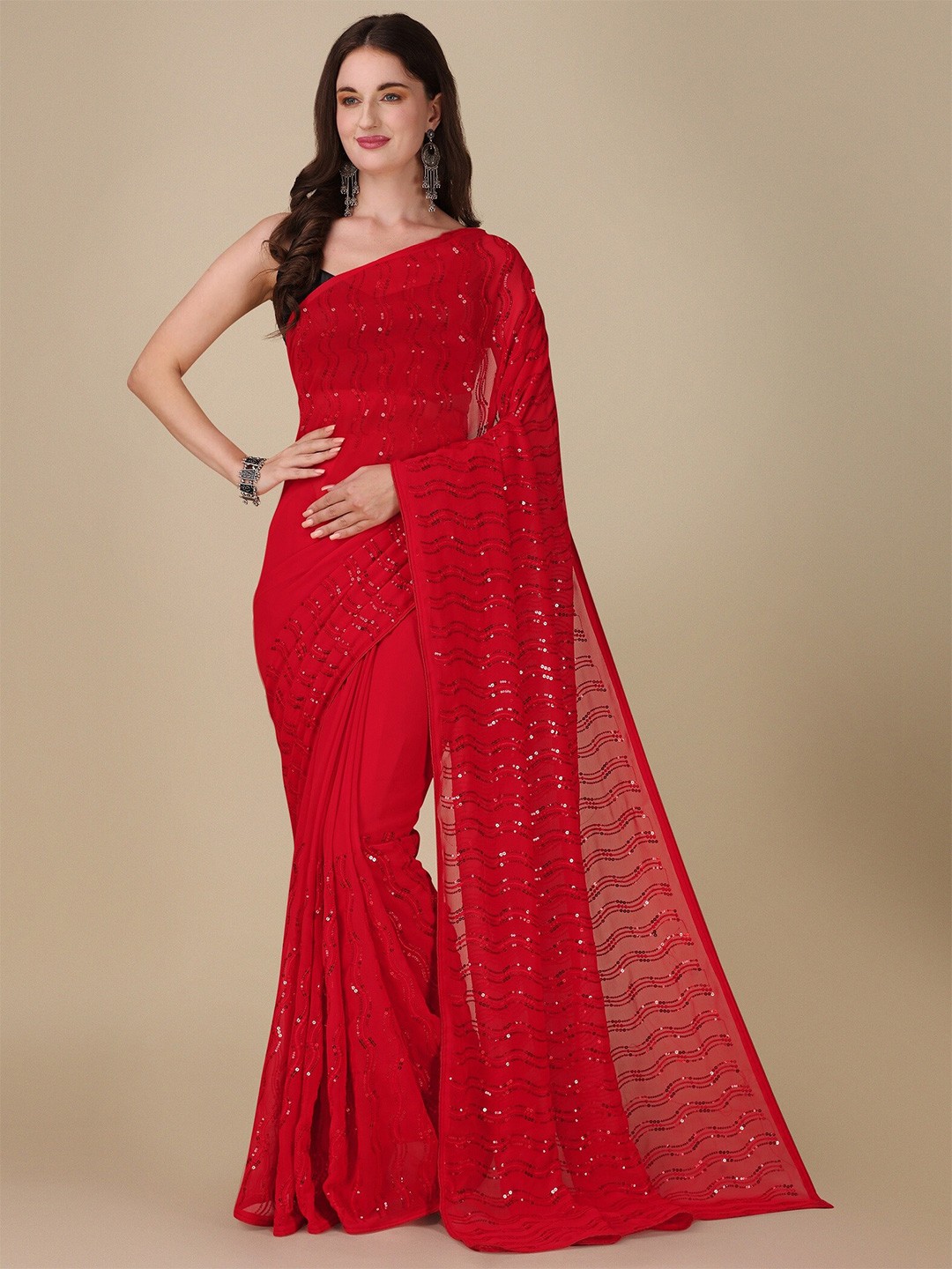 

Vrundavan ethics Embellished Sequinned Pure Georgette Saree, Red