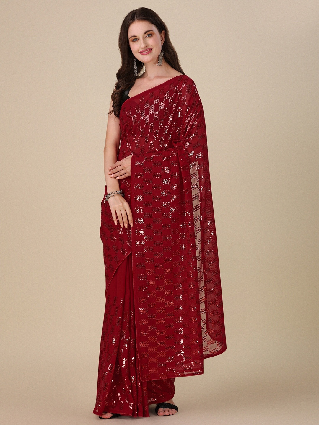 

Vrundavan ethics Embellished Pure Georgette Saree, Maroon