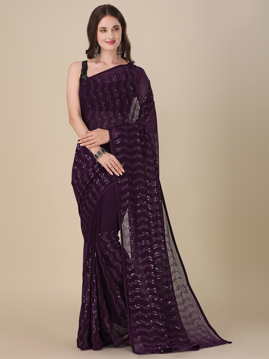 

Vrundavan ethics Embellished Sequinned Pure Georgette Saree, Purple