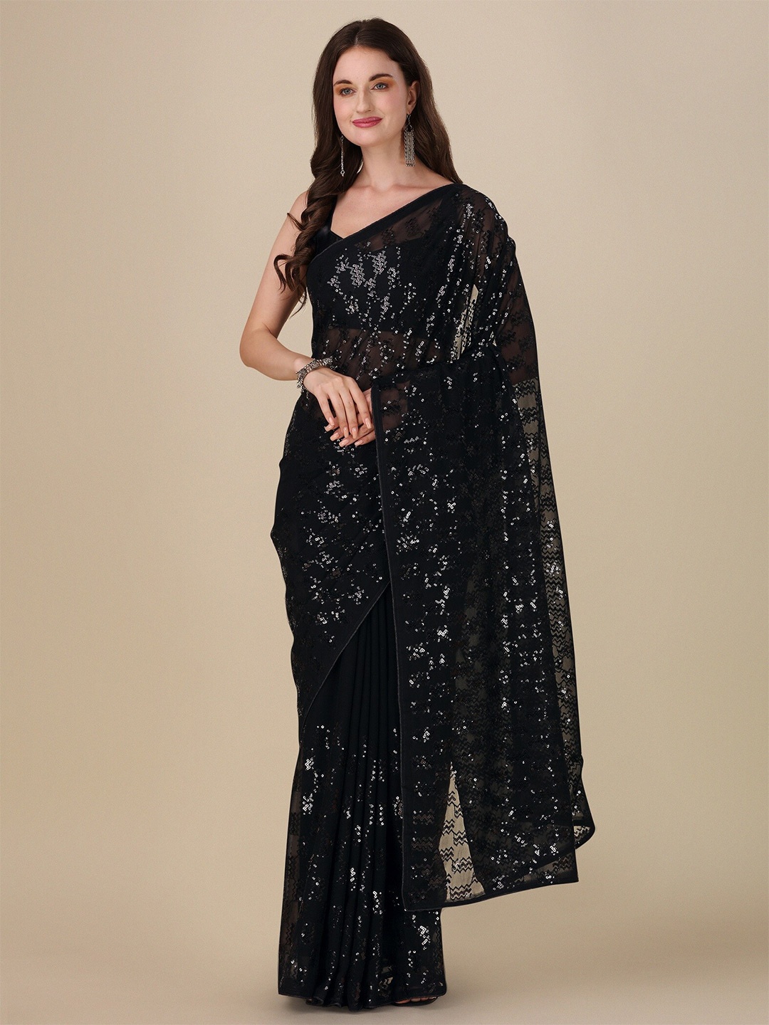 

Vrundavan ethics Embellished Pure Georgette Saree, Black