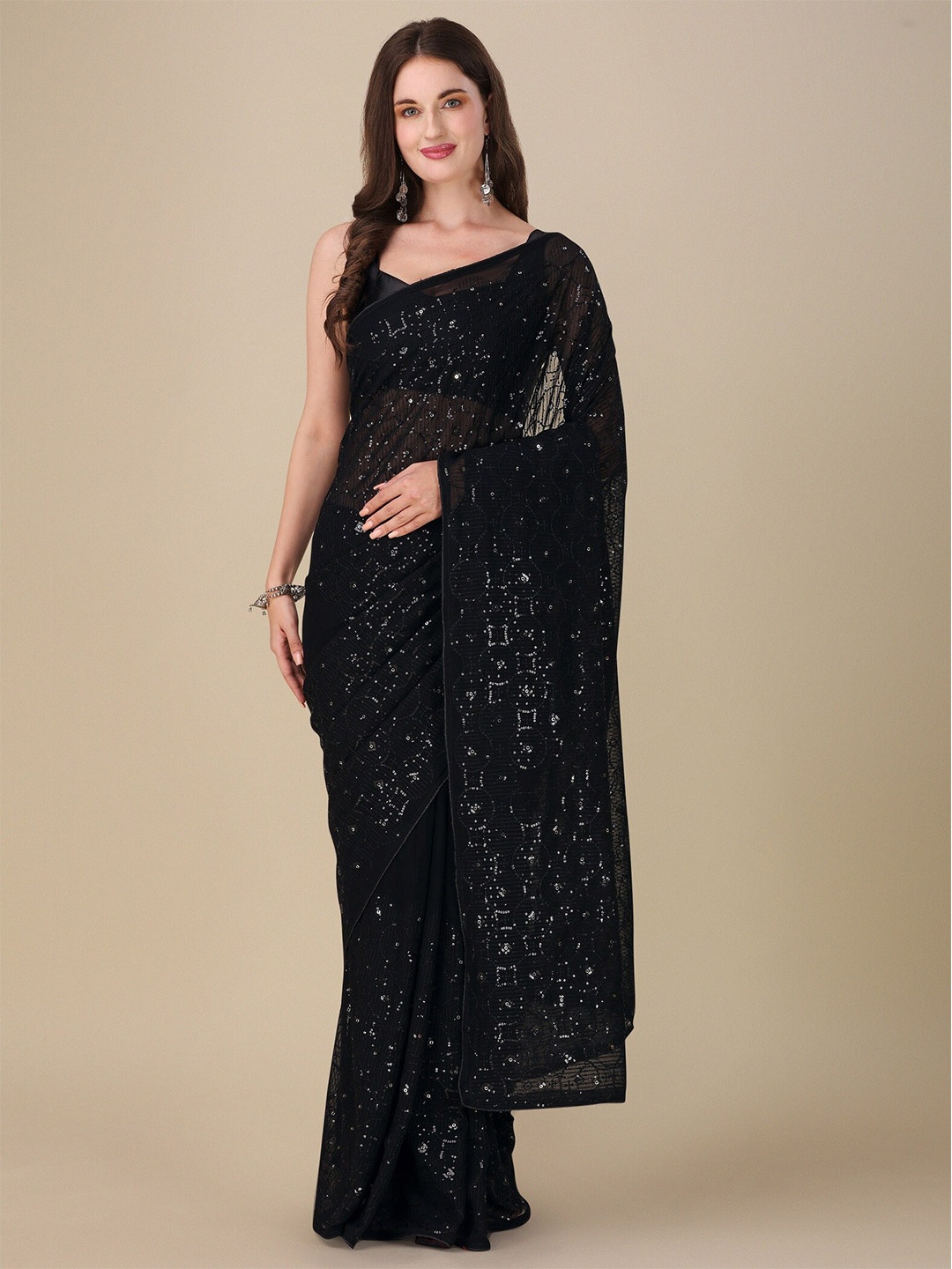 

Vrundavan ethics Embellished Sequinned Pure Georgette Saree, Black