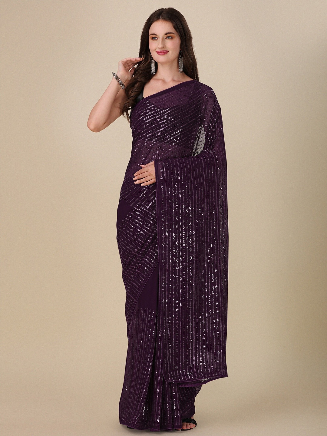 

Vrundavan ethics Embellished Pure Georgette Saree, Purple