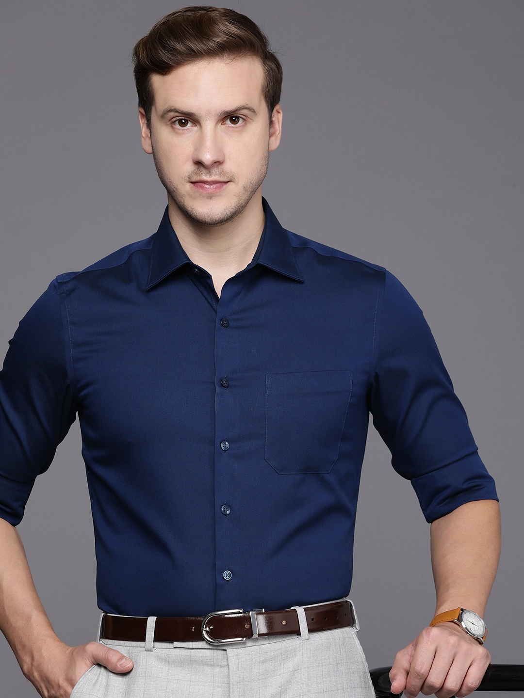 

Louis Philippe Men Pure Cotton Super Slim Fit Opaque Formal Shirt, Navy blue