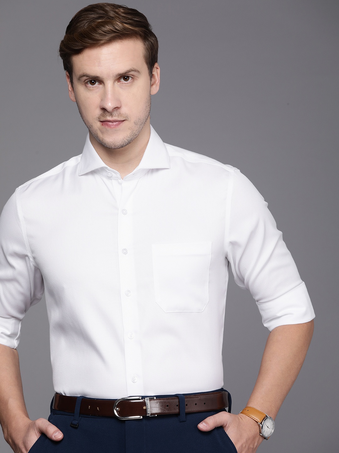 

Louis Philippe Self Design Textured Pure Cotton Slim Fit Formal Shirt, White