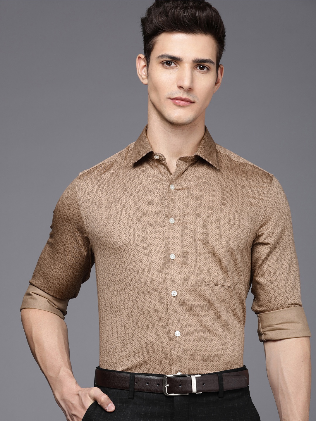 

Louis Philippe Slim Fit Ethnic Motifs Printed Pure Cotton Formal Shirt, Brown