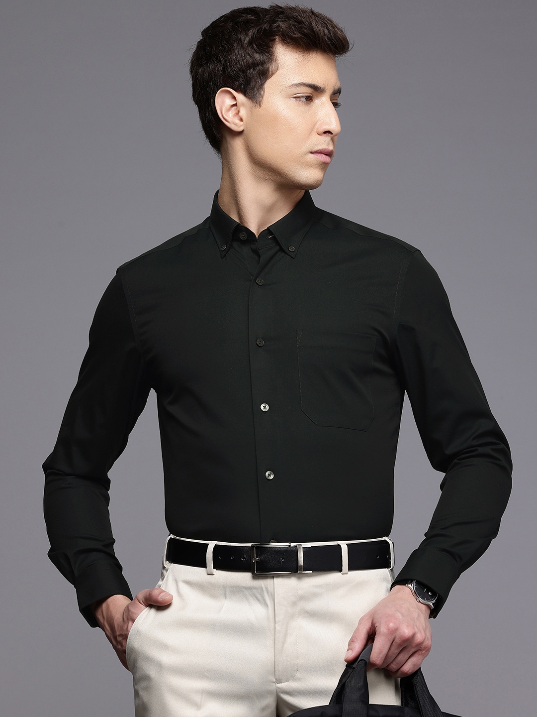 

Louis Philippe Classic Button-Down Collar Pure Cotton Formal Shirt, Black