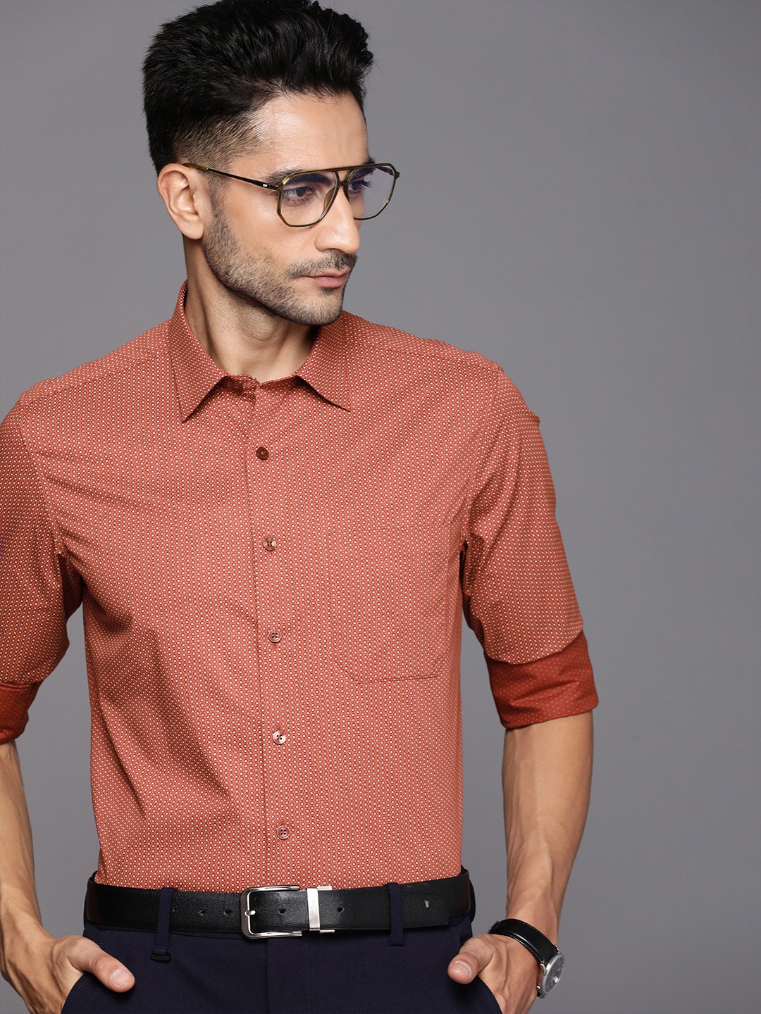 

Louis Philippe Slim Fit Geometric Printed Pure Cotton Formal Shirt, Rust