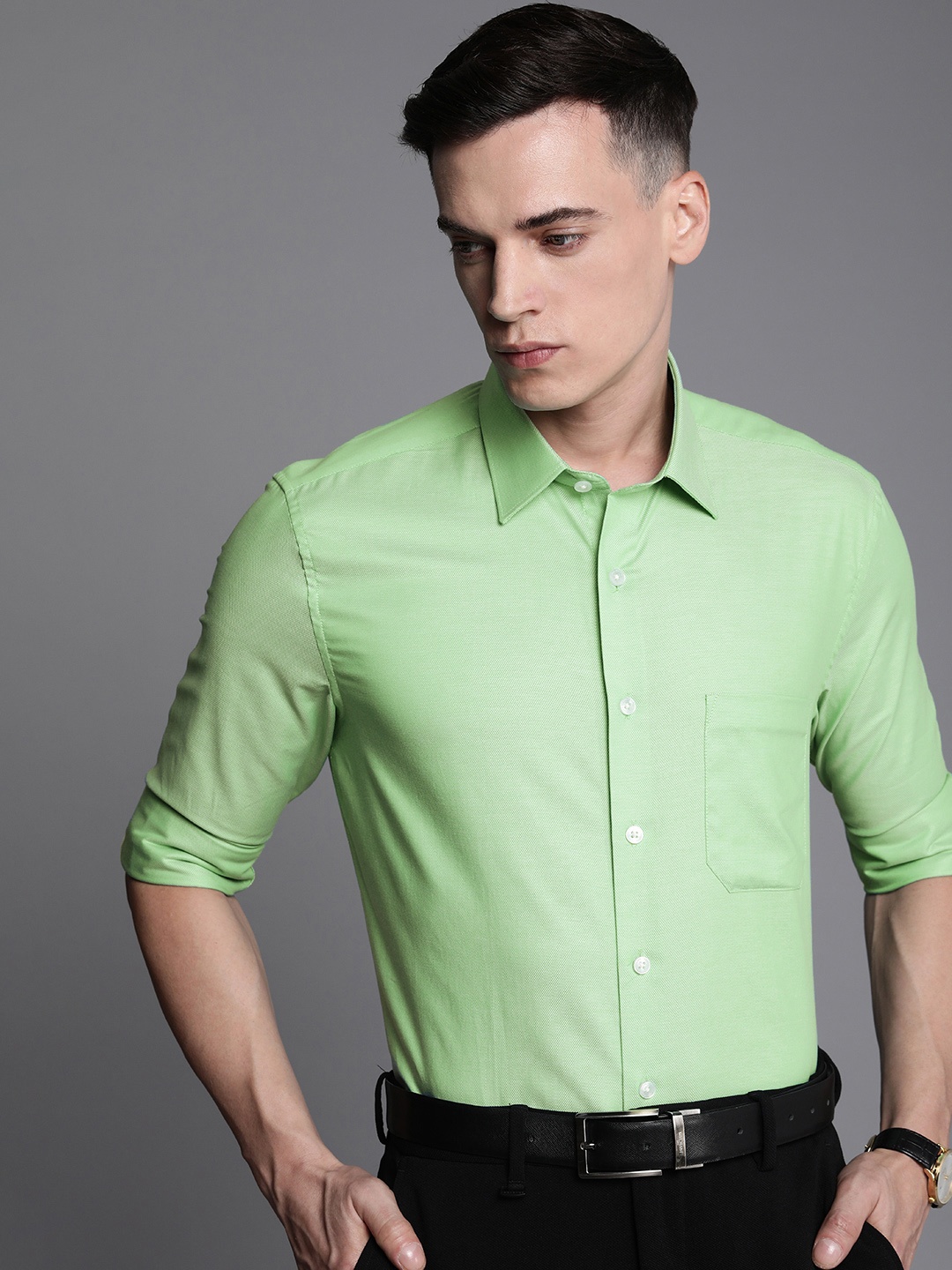 

Louis Philippe Textured Slim Fit Pure Cotton Formal Shirt, Green