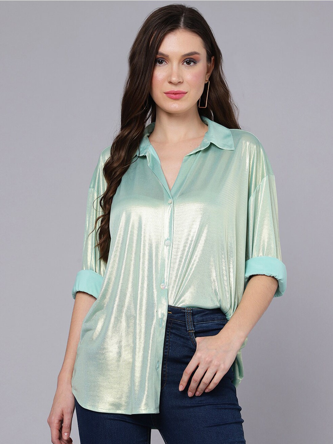 

A.T.U.N. Relaxed Spread Collar Drop-Shoulder Sleeves Party Shirt, Sea green