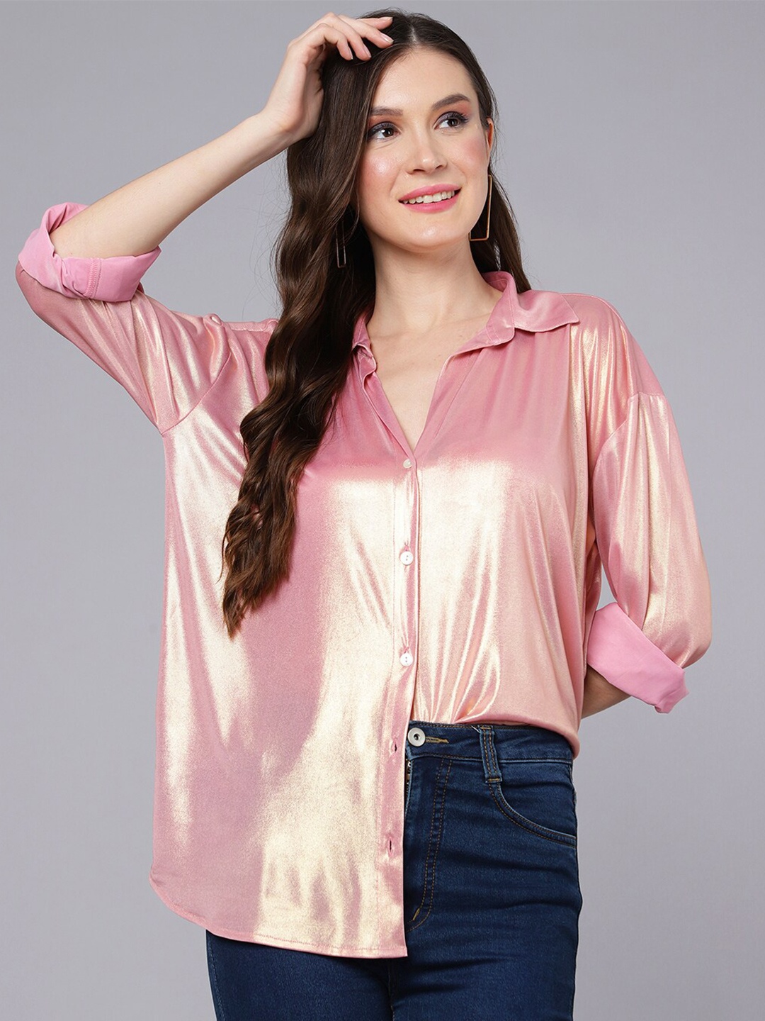 

A.T.U.N. Relaxed Spread Collar Drop-Shoulder Sleeves Party Shirt, Pink