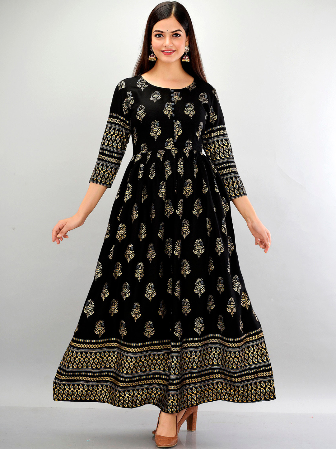

METRO-FASHION Ethnic Motifs Printed Fit and Flare Ethnic Dress, Black