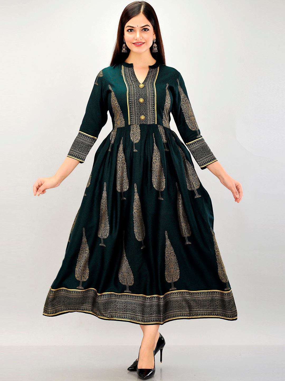 

METRO-FASHION Ethnic Motifs Printed Fit and Flare Ethnic Dress, Green