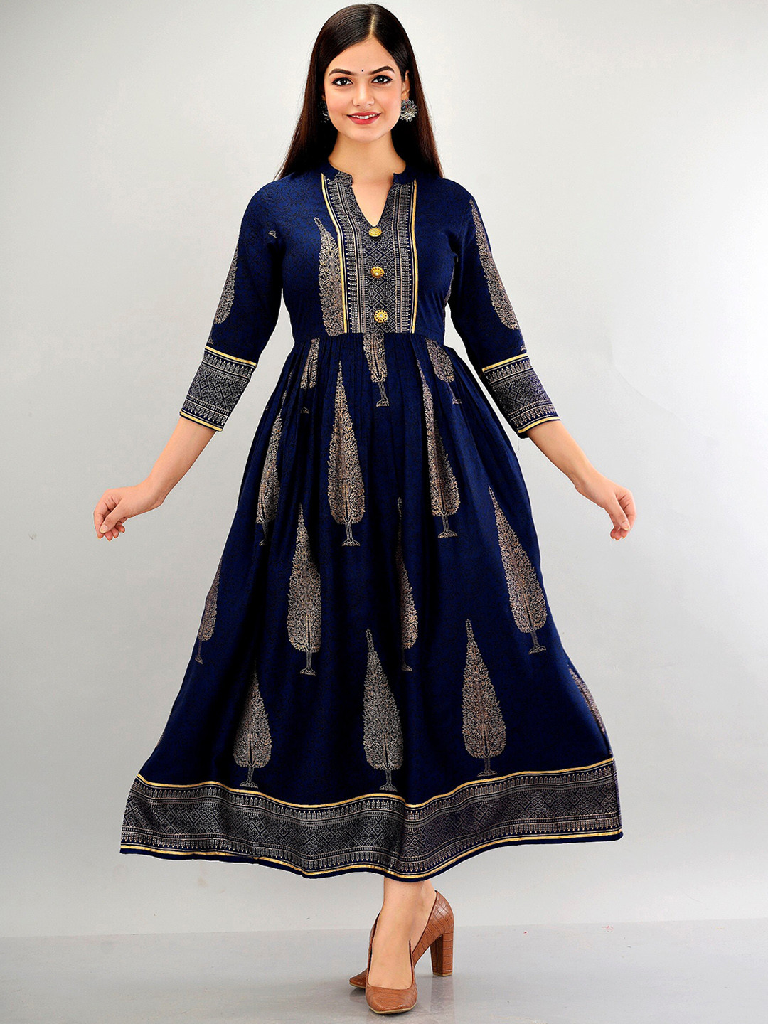 

METRO-FASHION Ethnic Motifs Printed Mandarin Collar Maxi Ethnic Dress, Navy blue