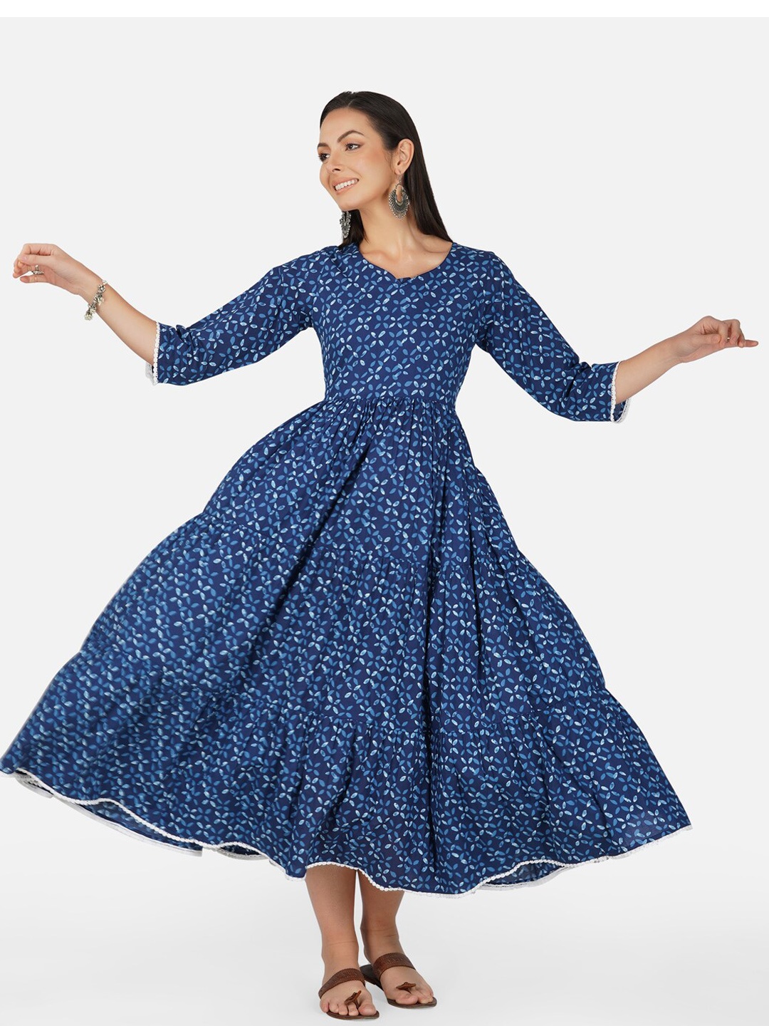 

METRO-FASHION Ethnic Motifs Printed Fit and Flare Ethnic Dress, Navy blue