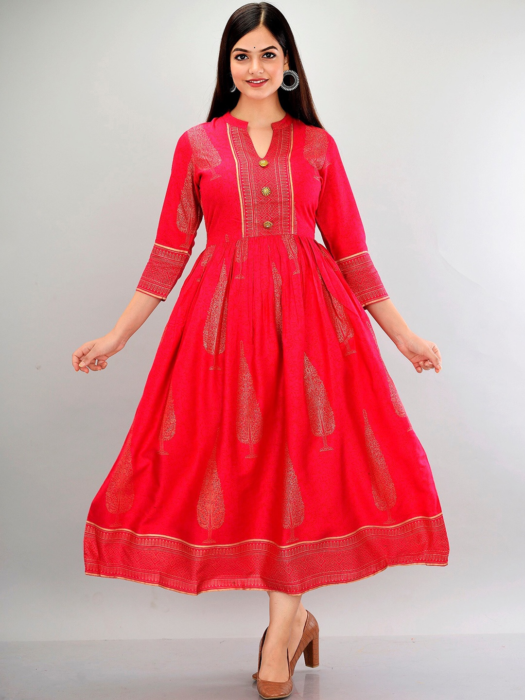 

METRO-FASHION Ethnic Motifs Printed Fit and Flare Ethnic Dress, Pink