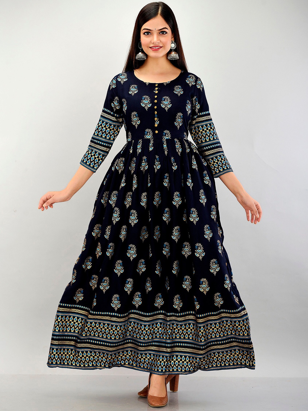 

METRO-FASHION Ethnic Motifs Printed Maxi Ethnic Dress, Navy blue