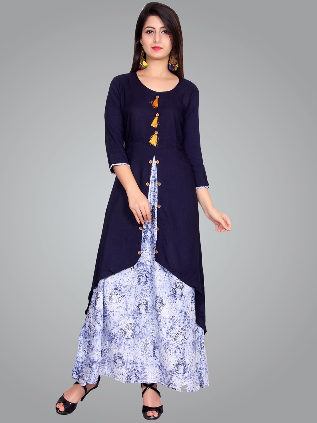 

METRO-FASHION Abstract Printed Front Slit Layered Kurta, Navy blue