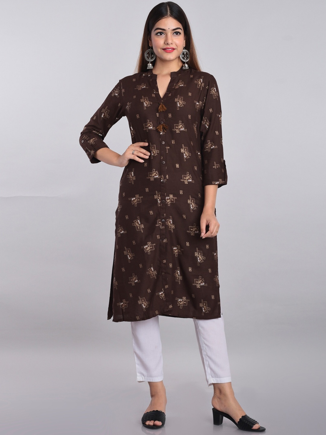 

METRO-FASHION Ethnic Motifs Printed Mandarin Collar Kurta, Brown