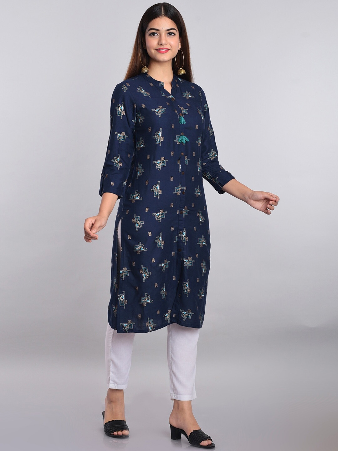 

METRO-FASHION Ethnic Motifs Band Collar A-Line Kurta, Navy blue