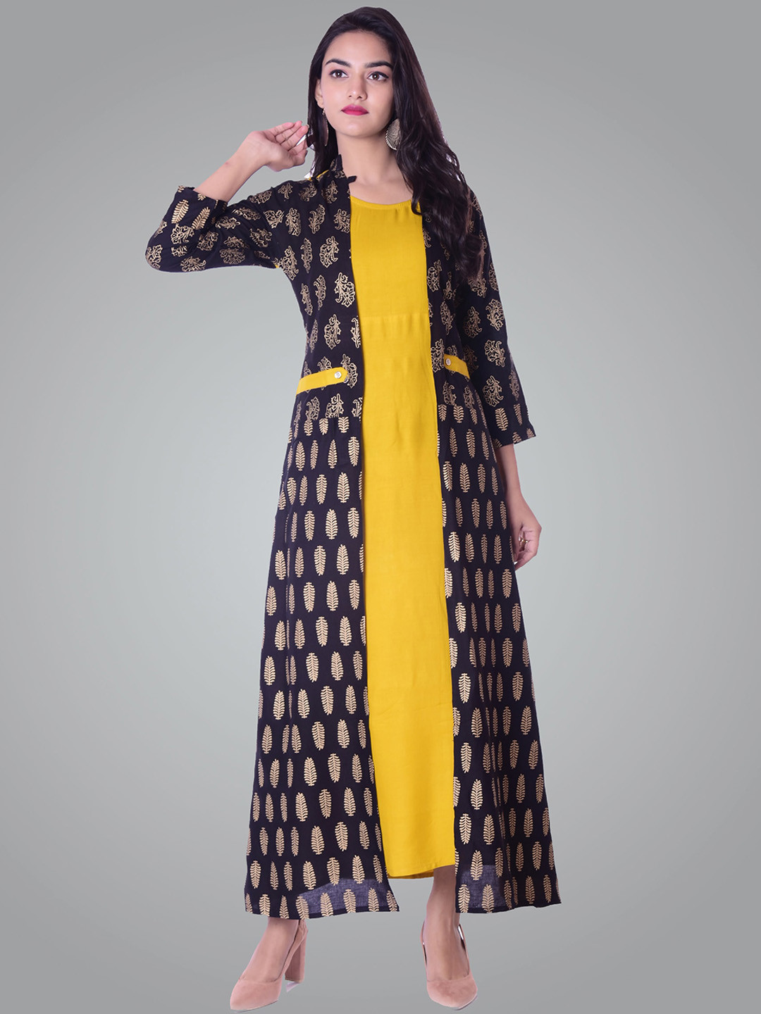 

METRO-FASHION Ethnic Motifs Printed Layered Ethnic Dress, Yellow
