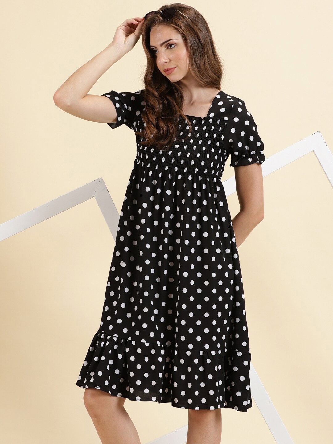 

SHOWOFF Polka Dot Print Crepe Empire Midi Dress, Black