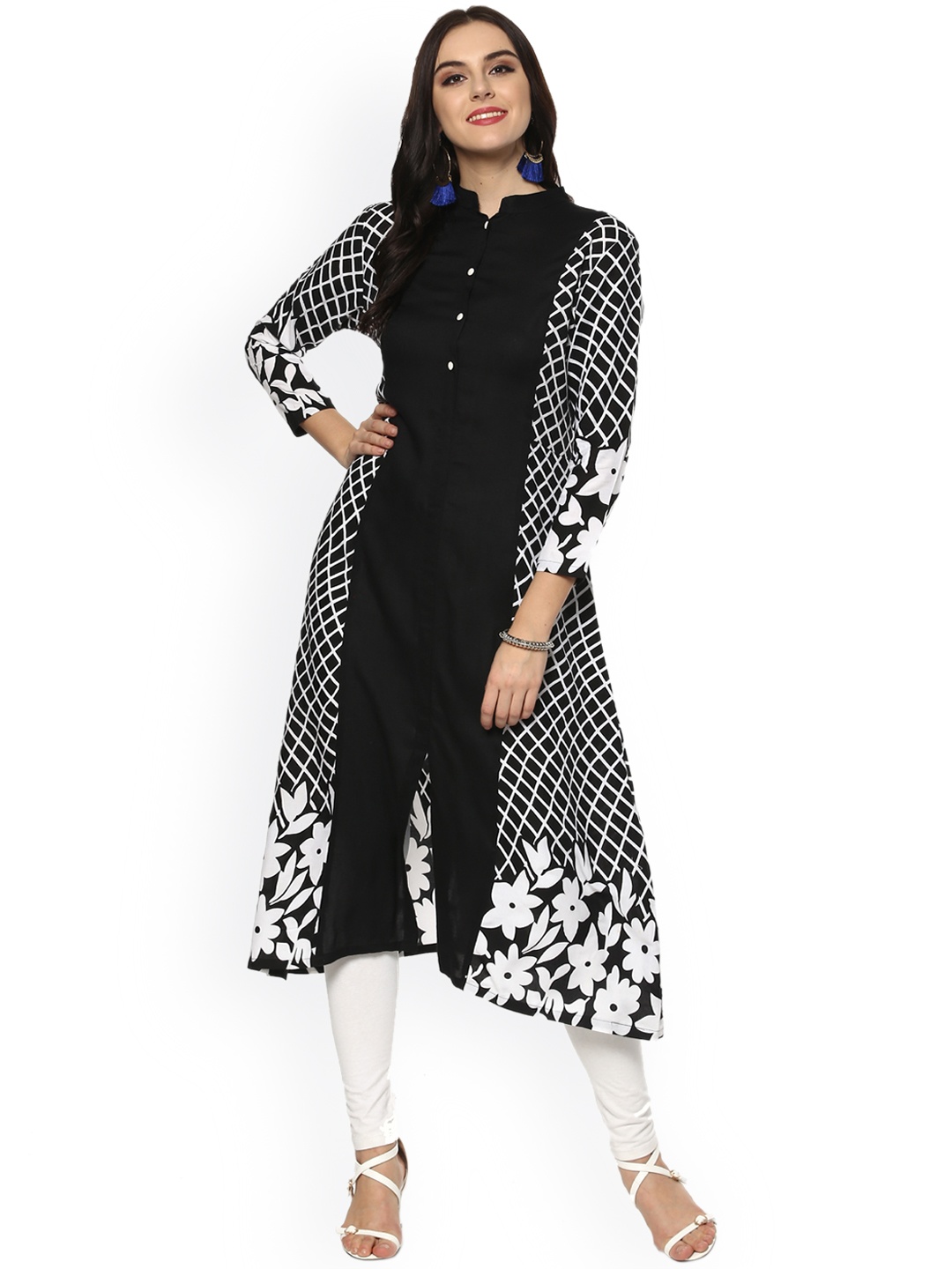 

Pannkh Women Black & White Printed A-Line Kurta