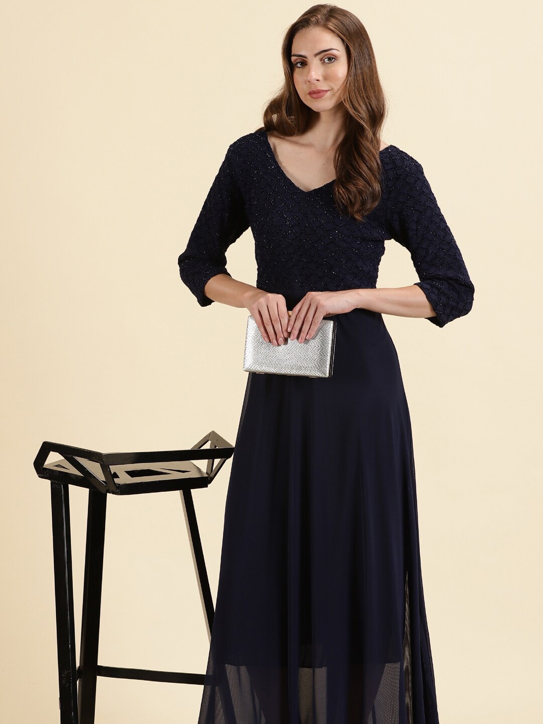 

SHOWOFF V-Neck Net Maxi Dress, Navy blue