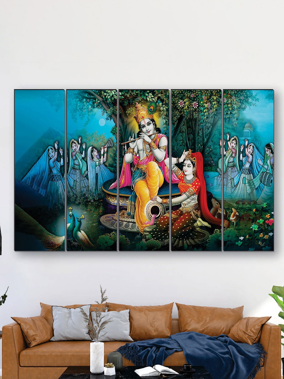 

SAF Blue & Pink 5 Pieces Radha Krishna UV Textured MDF Wall Art Painting
