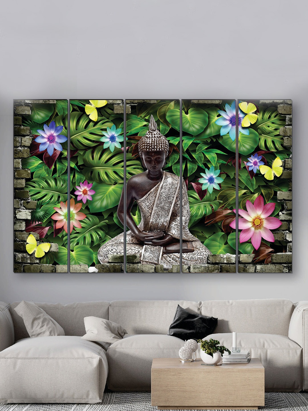 

SAF Green & Brown 5 Pieces Buddha UV Textured MDF Wall Art Painting