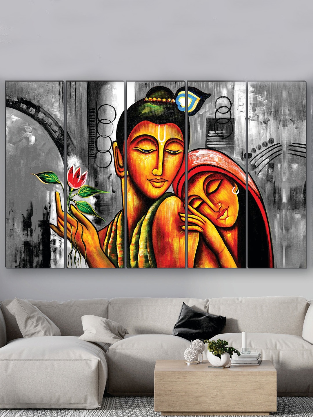 

SAF Grey & Red 5 Pieces Radha Krishna UV Textured MDF Wall Art Painting