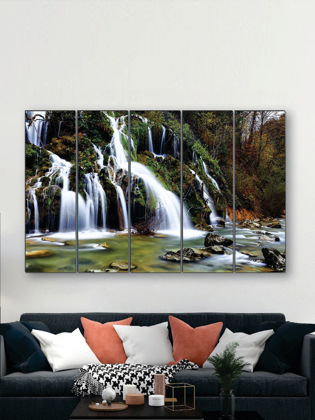 

SAF Green & White 5 Pieces Waterfall UV Textured MDF Wall Art Painting