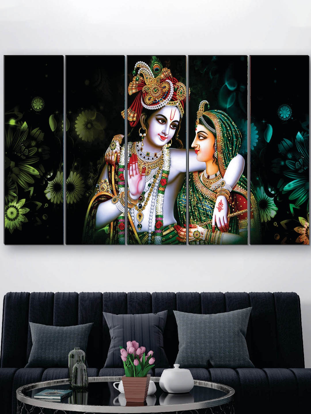 

SAF Green & Blue 5 Pieces Radha Krishna UV Textured Painting Wall Art