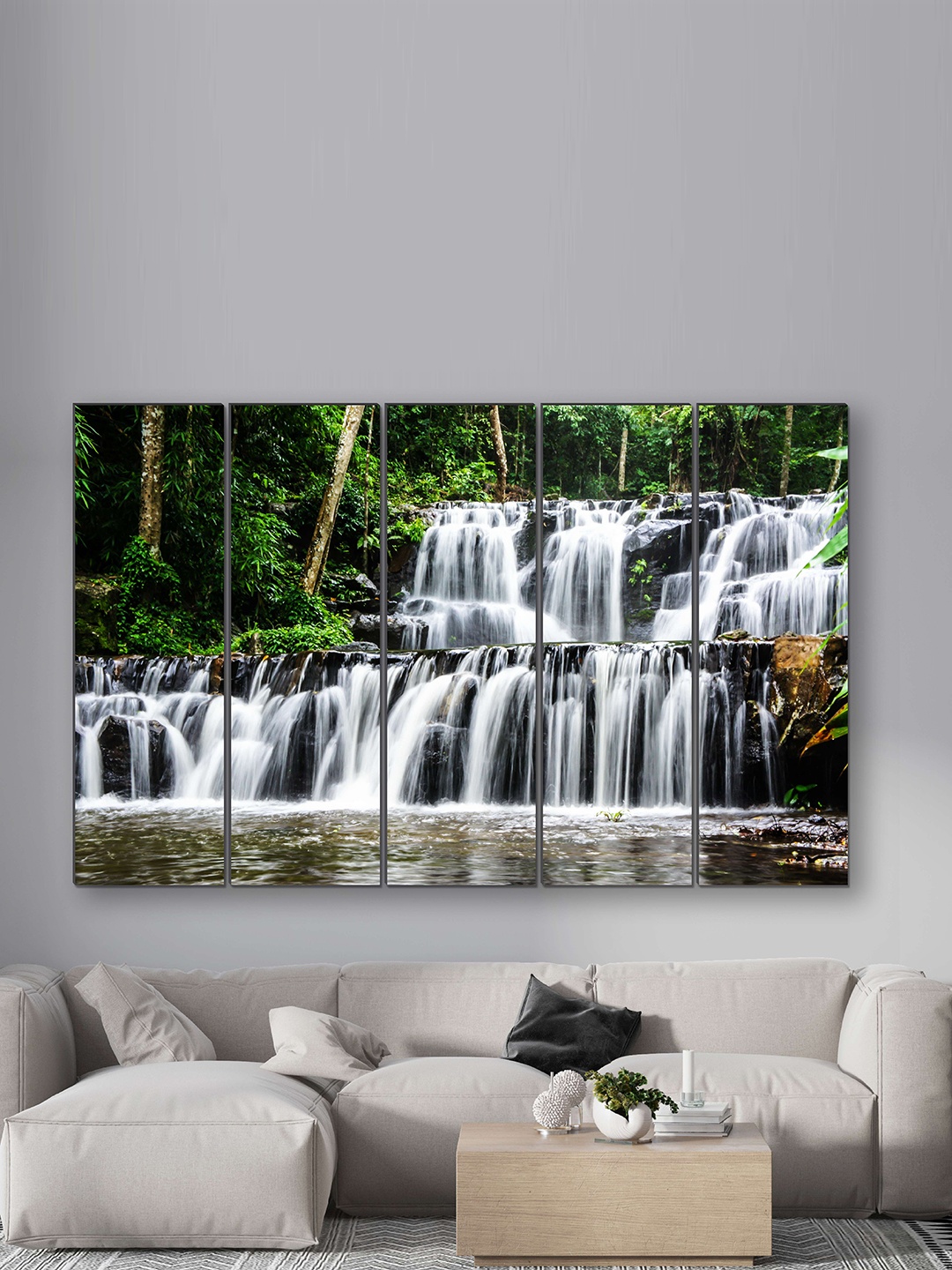 

SAF Green & White 5 Pieces Waterfall UV Textured Scenery Painting Wall Art