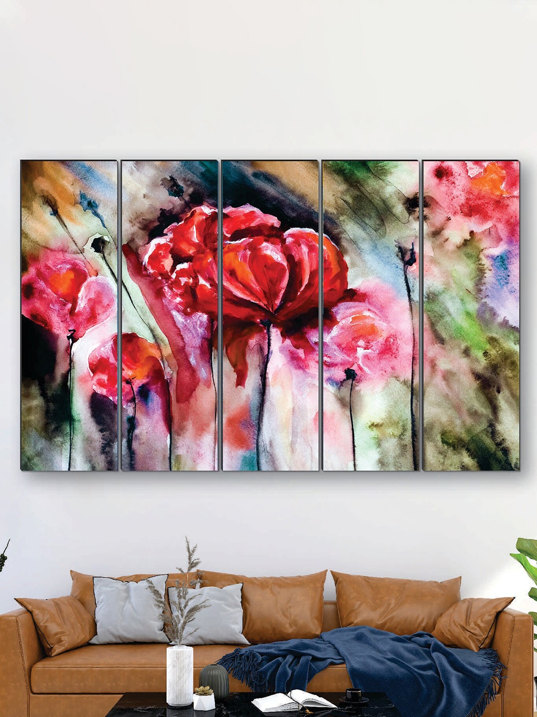 

SAF Pink & Red 5 Pieces Rose Flower UV Textured Painting Wall Art
