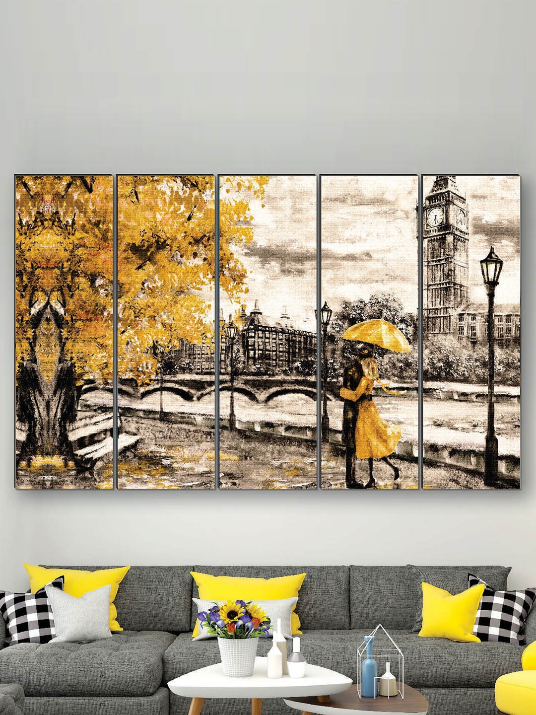 

SAF Yellow & Brown 5 Pieces Couple Romance UV Textured Painting Wall Art