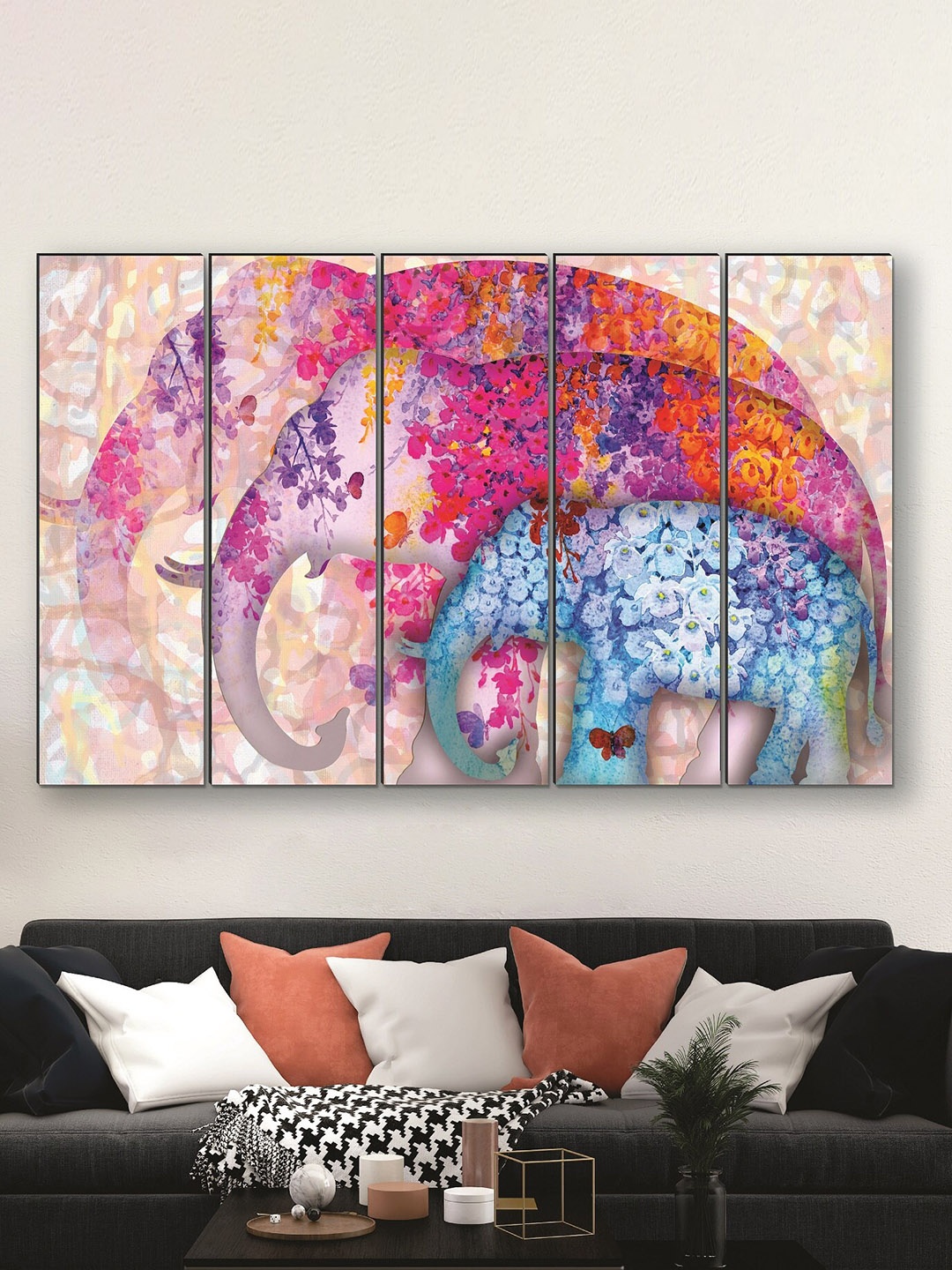 

SAF Pink & Blue 5 Pieces Elephant UV Textured Painting Wall Arts