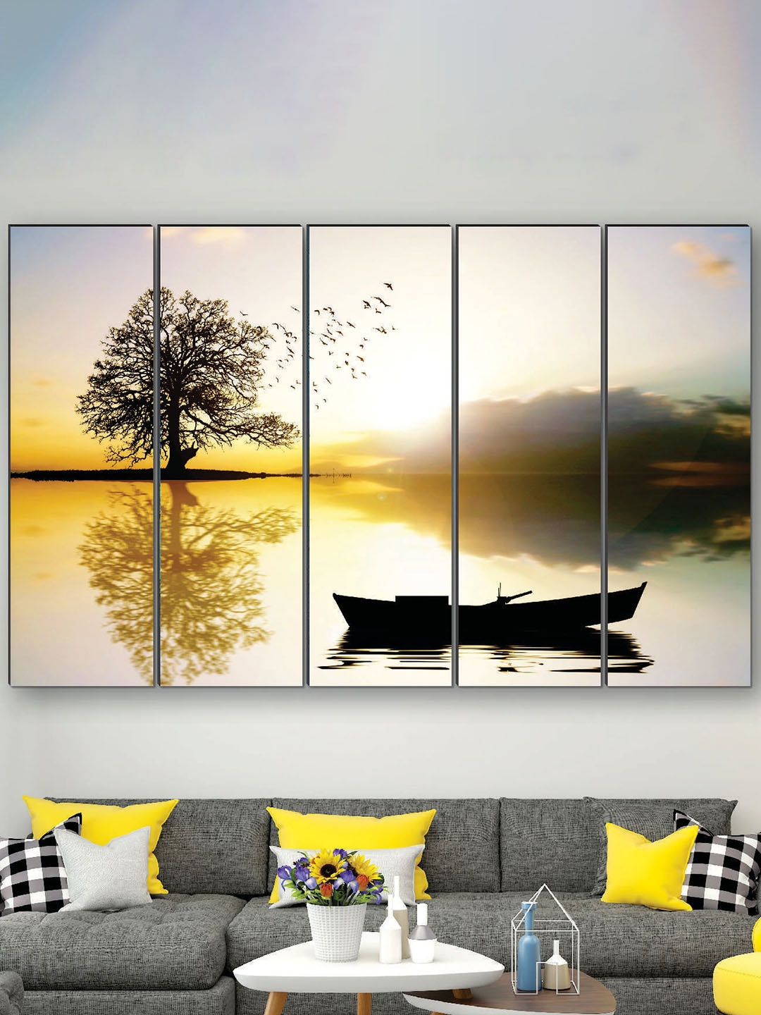 

SAF Black & Yellow 5 Pieces Nature Scenery UV Textured Painting Wall Art