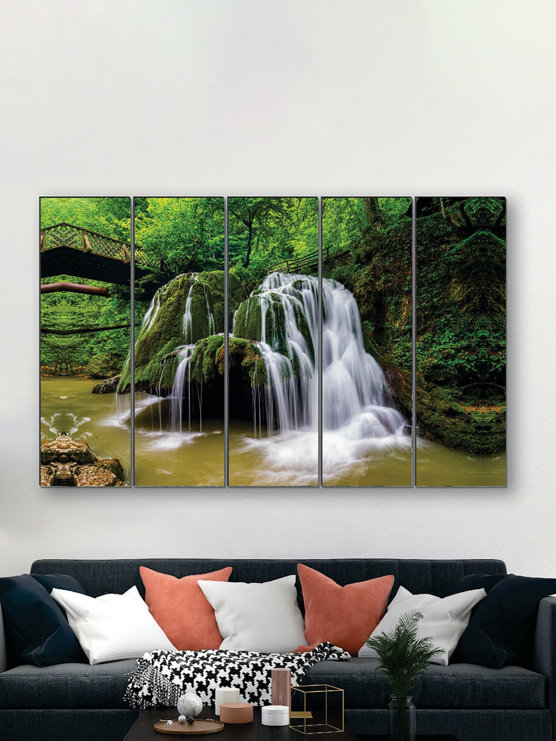 

SAF Green & White 5 Pieces Waterfall UV Textured Painting Wall Art