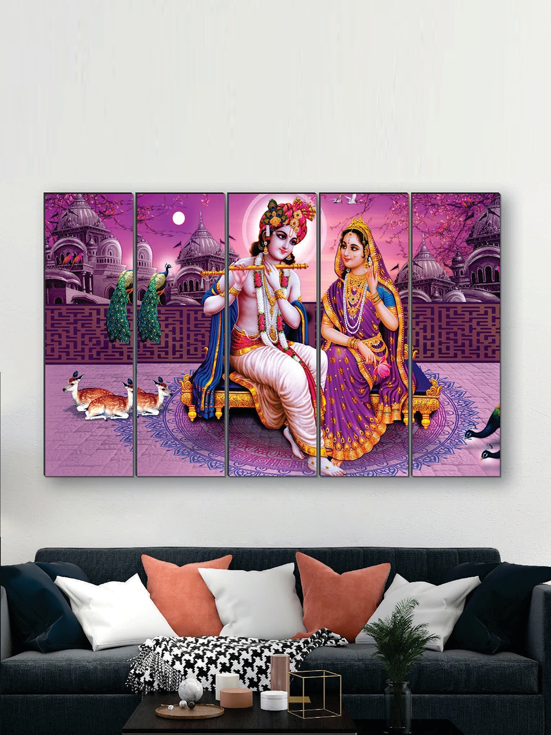

SAF Purple & Pink 5 Pieces Radha Krishna UV Textured Painting Wall Art