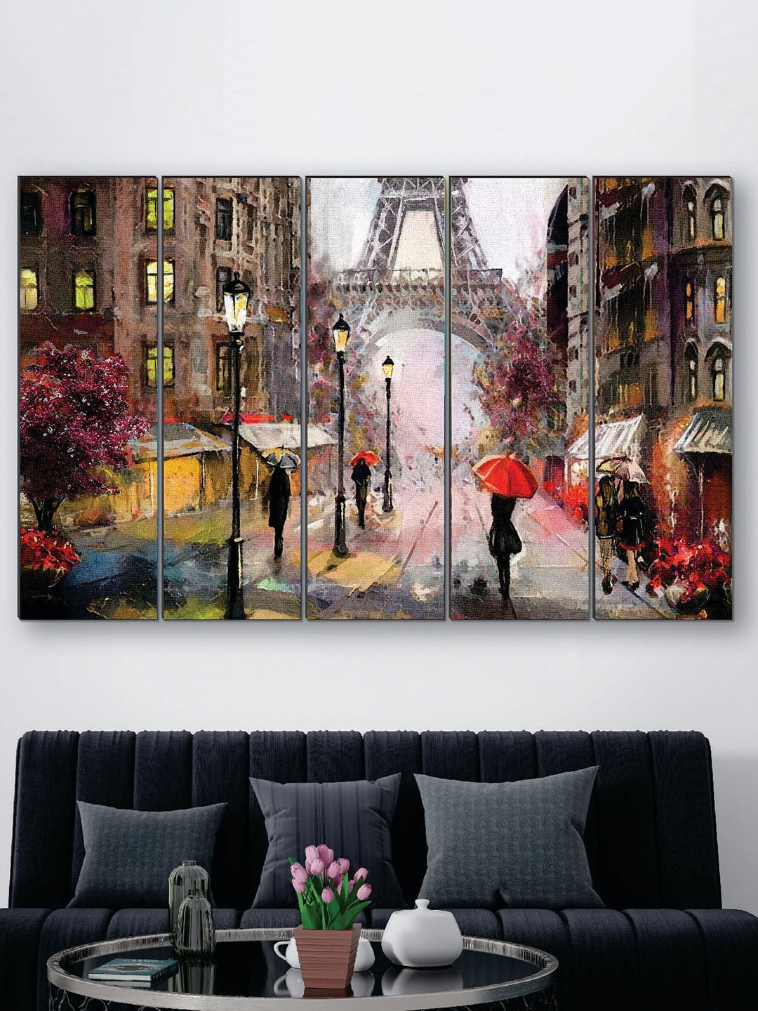 

SAF Beige & Black 5 Pieces Eiffel Tower UV Textured Painting Wall Art