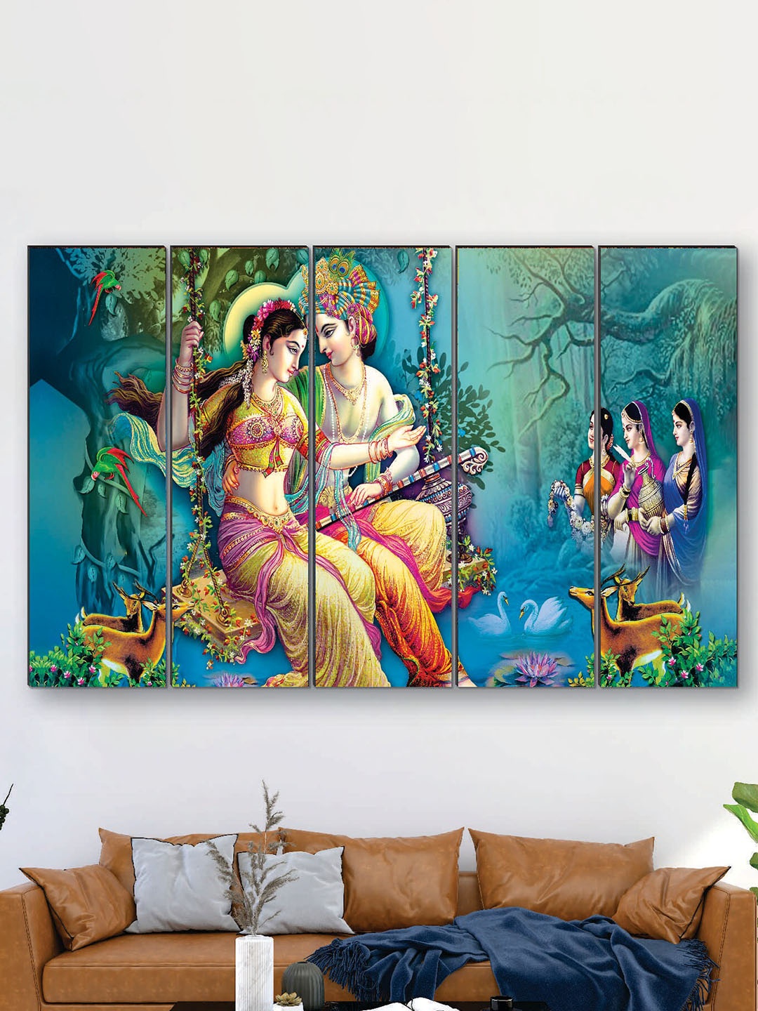 

SAF Blue & Green 5 Pieces Radha Krishna UV Textured Painting Framed Wall Art