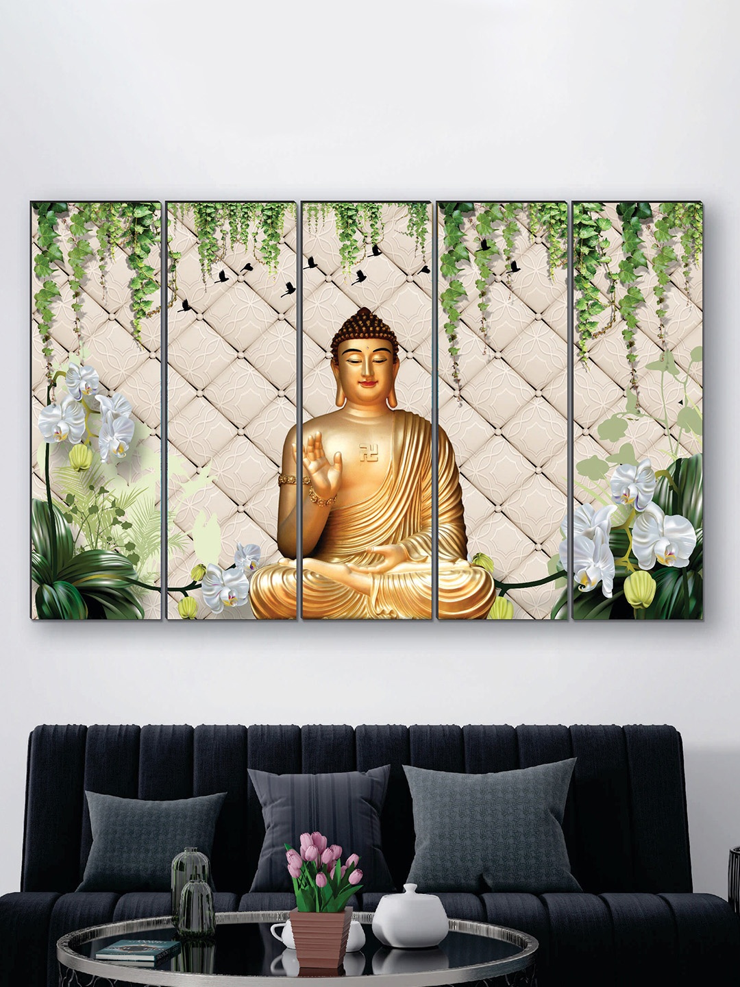 

SAF Beige & Green 5 Pieces Buddha UV Textured Painting Wall Art