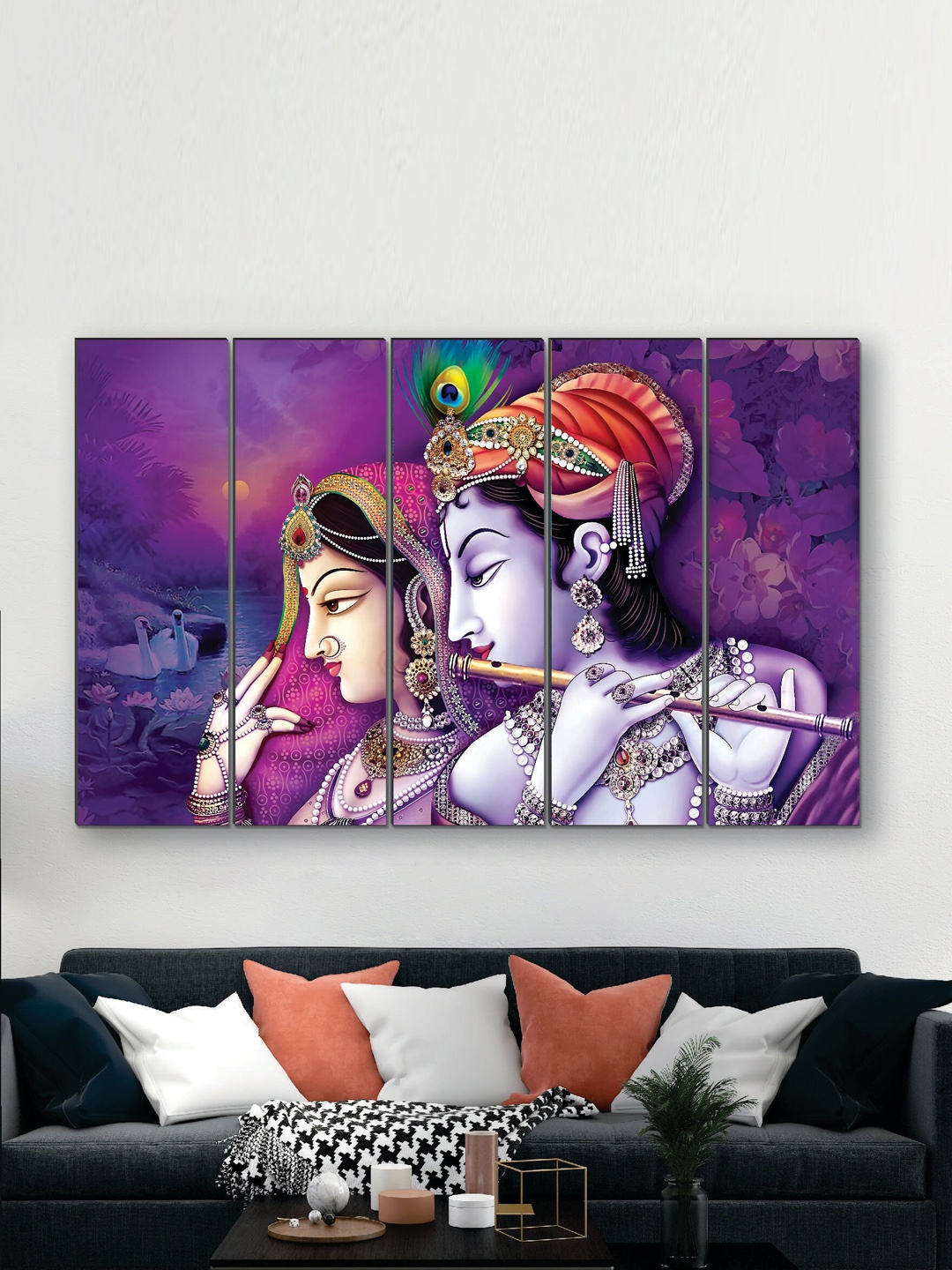 

SAF Purple 5 Pieces Radha Krishna Panel Painting Wall Art