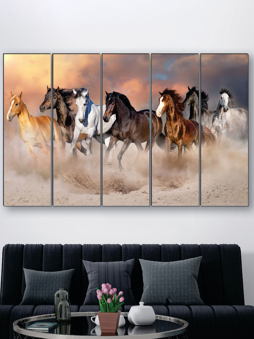 

SAF Brown & White 5 Pieces UV Textured Running Horse Painting Wall Art