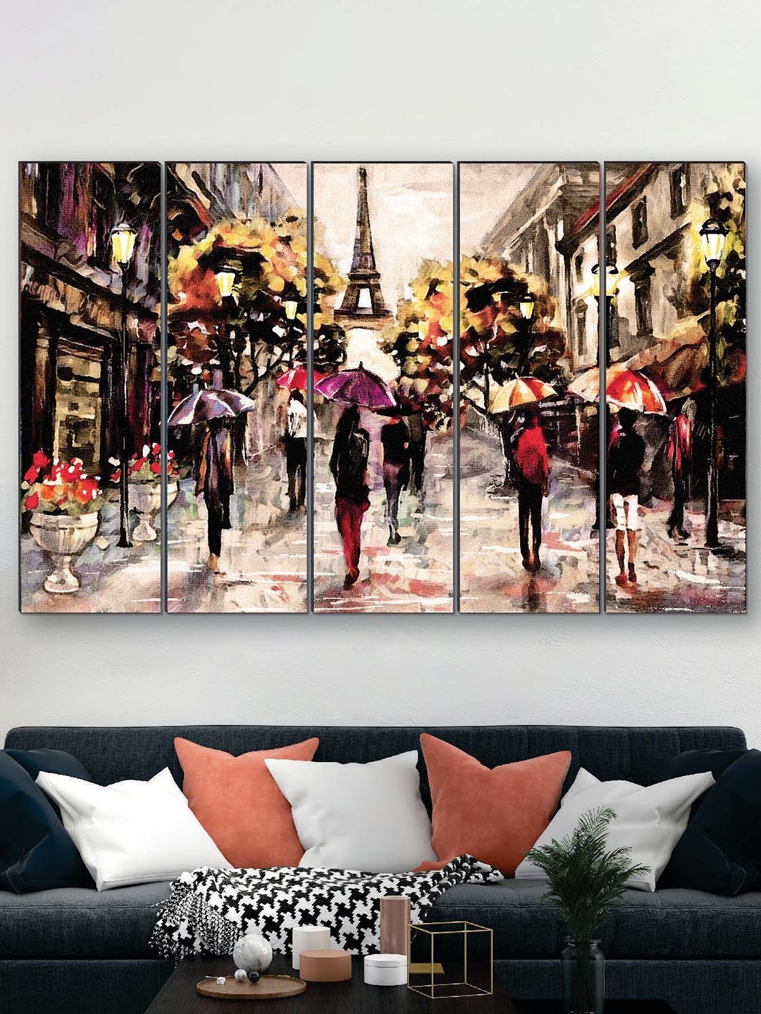 

SAF Beige & Black 5 Pieces Eiffle Tower UV Textured MDF Wall Art Painting