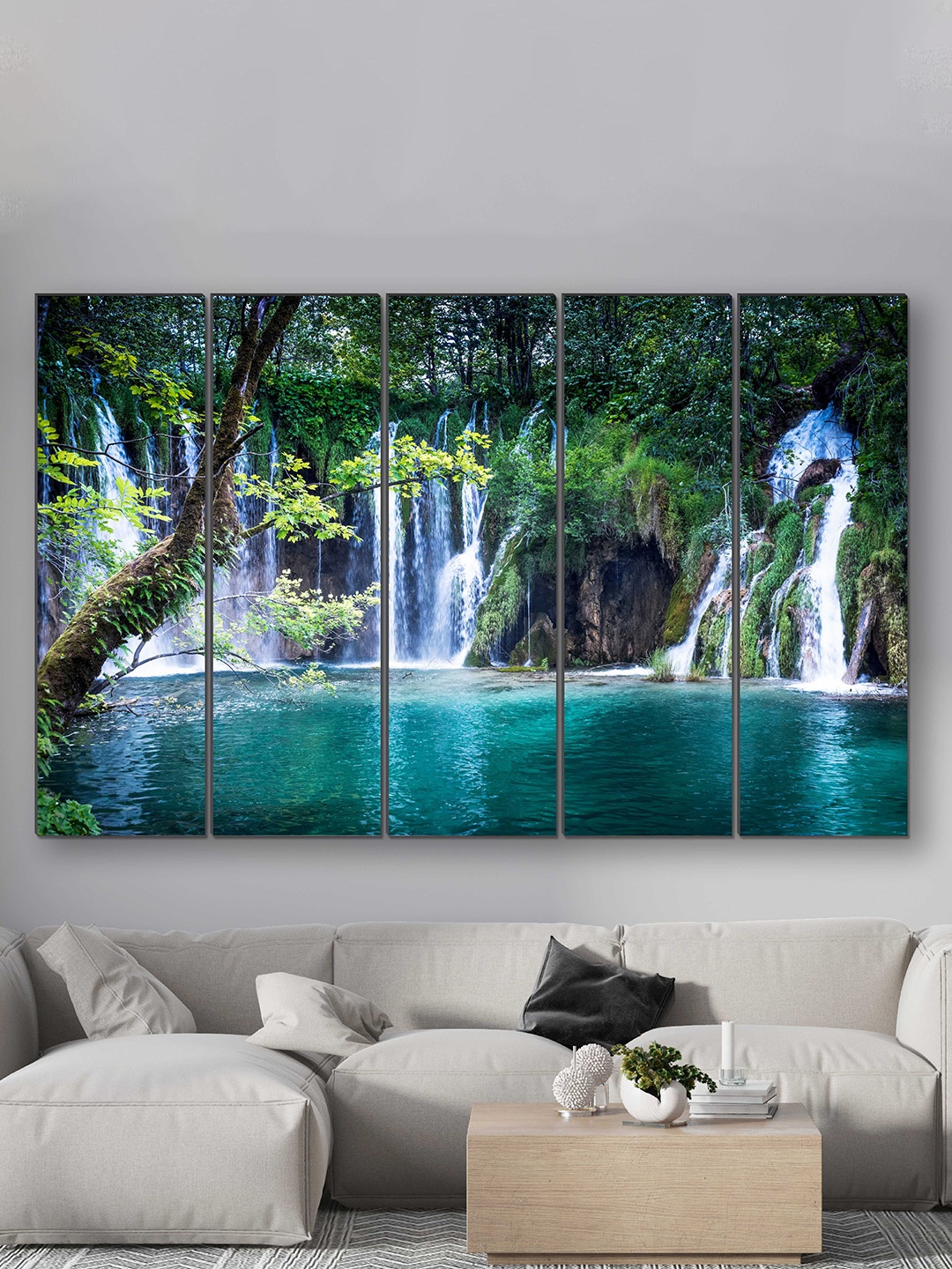 

SAF Blue & Green 5 Pieces Waterfall UV Textured MDF Wall Art Painting