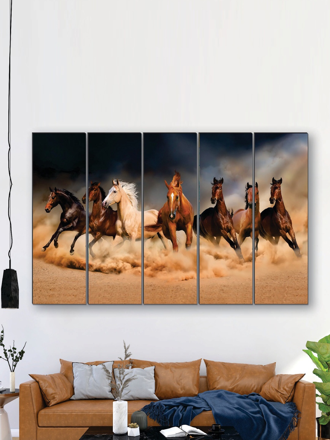 

SAF Black & Brown 5 Pieces Seven Running Horses UV Textured MDF Wall Art Painting